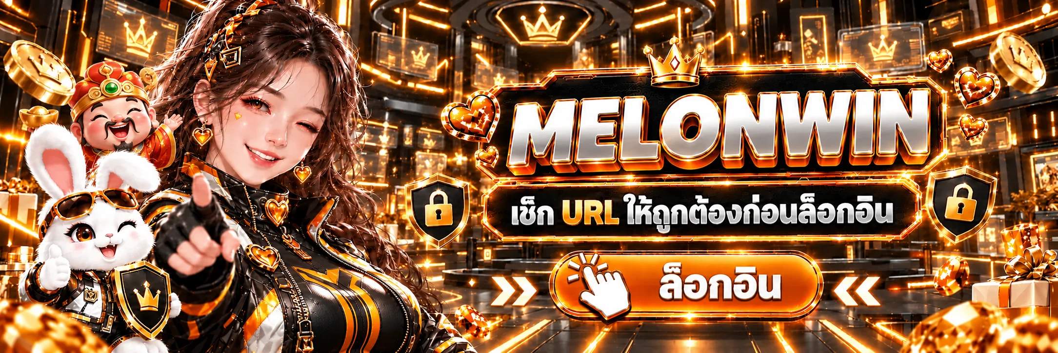 ทางเข้า MELONWIN พร้อมปุ่มล็อกอินและคำแนะนำตรวจ URL